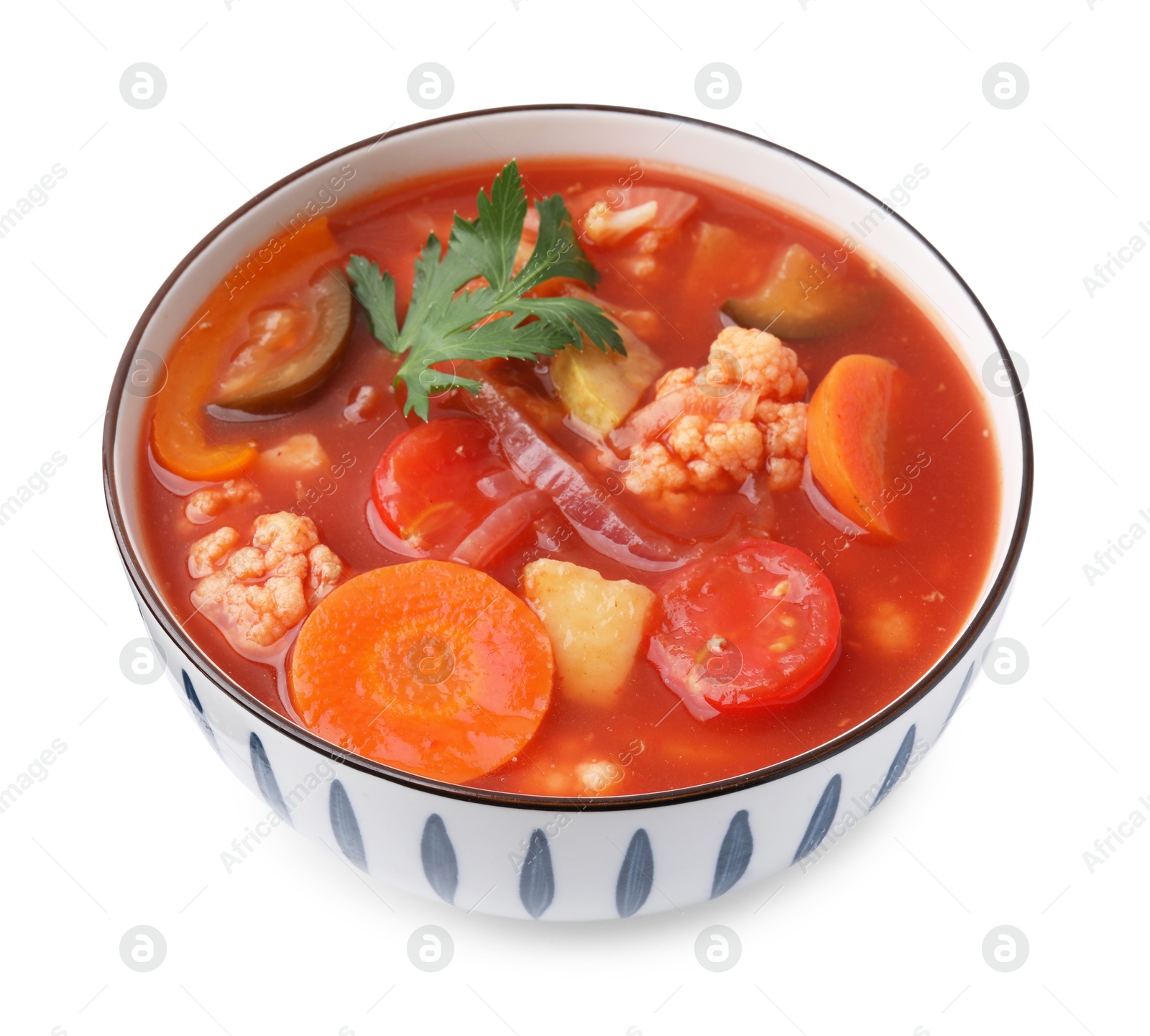 Photo of Tasty homemade stew with vegetables in bowl isolated on white