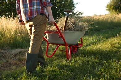 Photo of Farmer with wheelbarrow full of mown grass outdoors on sunny day, closeup