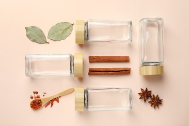 Different spices and glass jars on beige background, flat lay