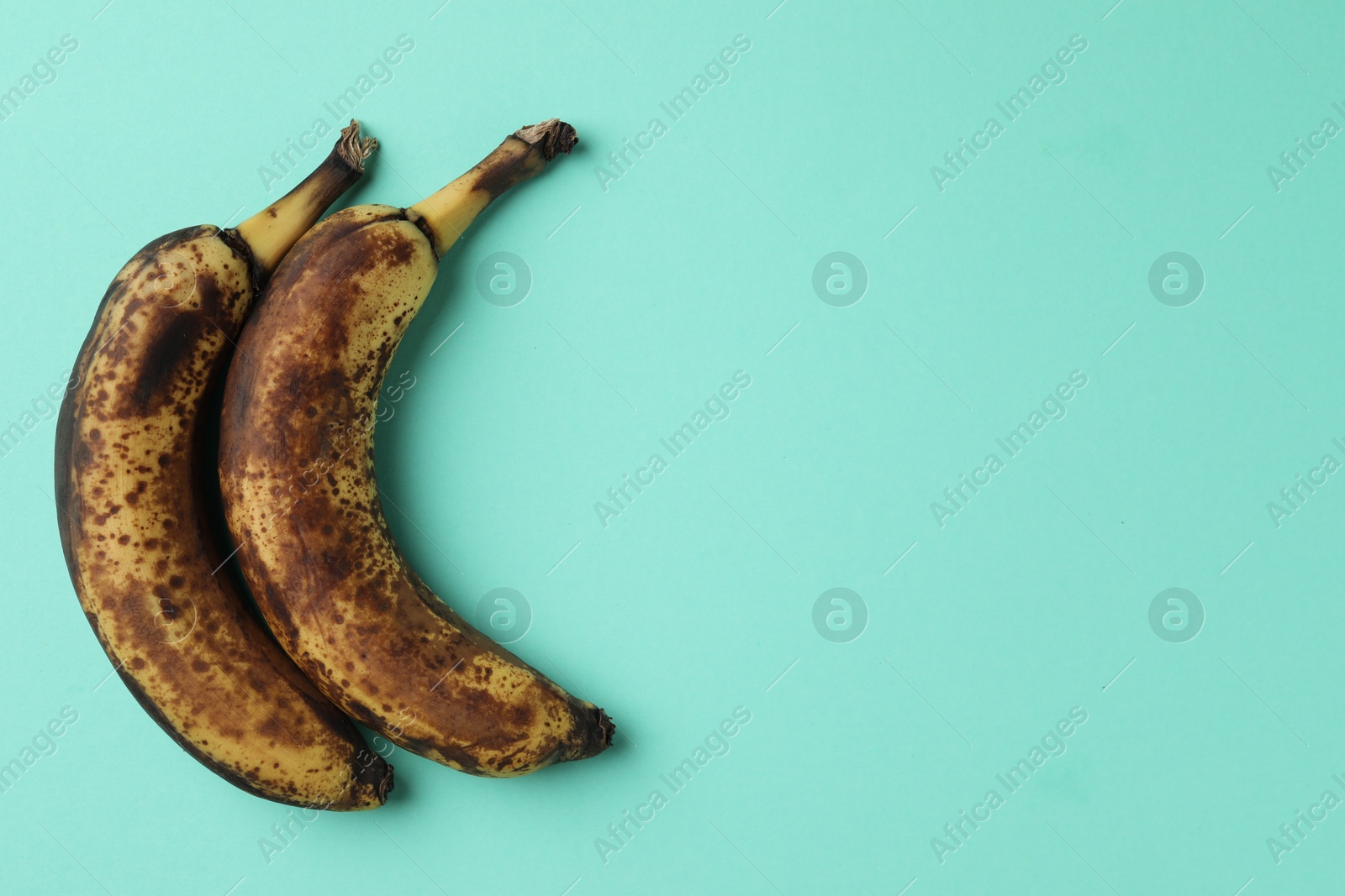 Photo of Overripe bananas with dark spots on turquoise background, top view. Space for text