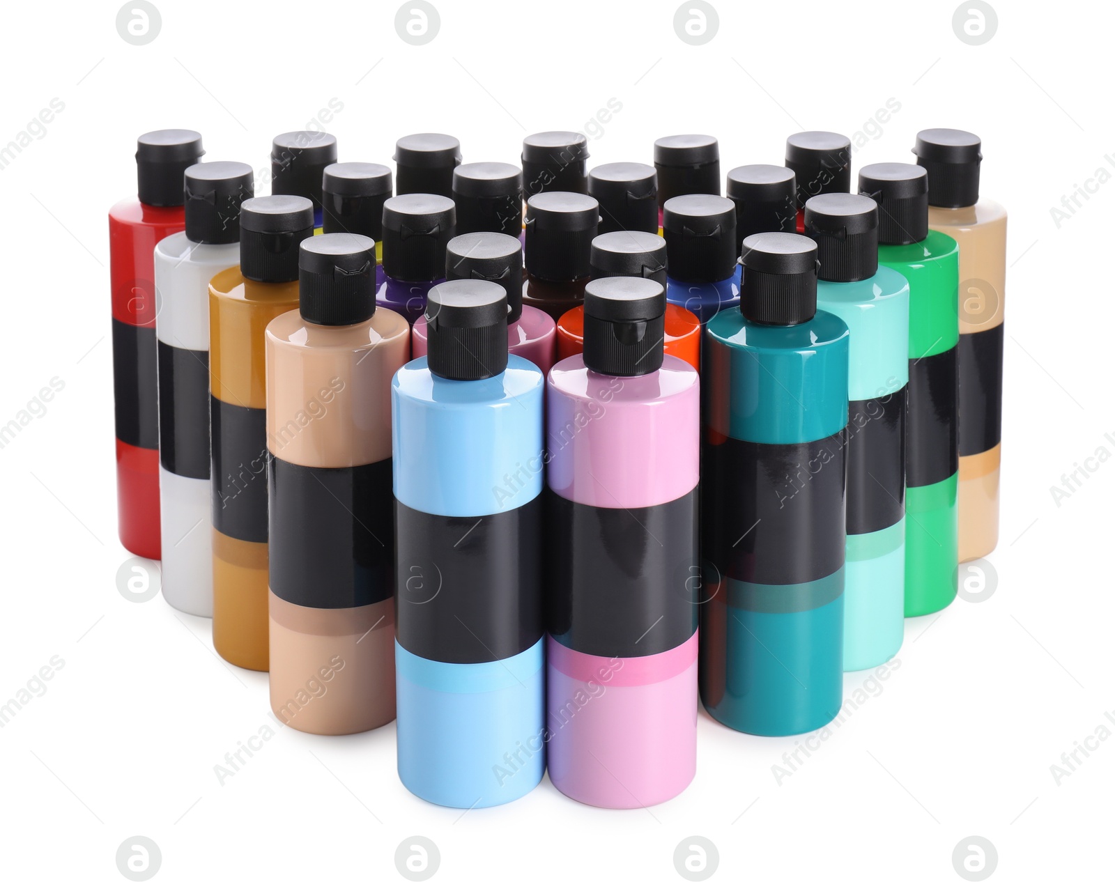 Photo of Acrylic paints of different colors in bottles isolated on white