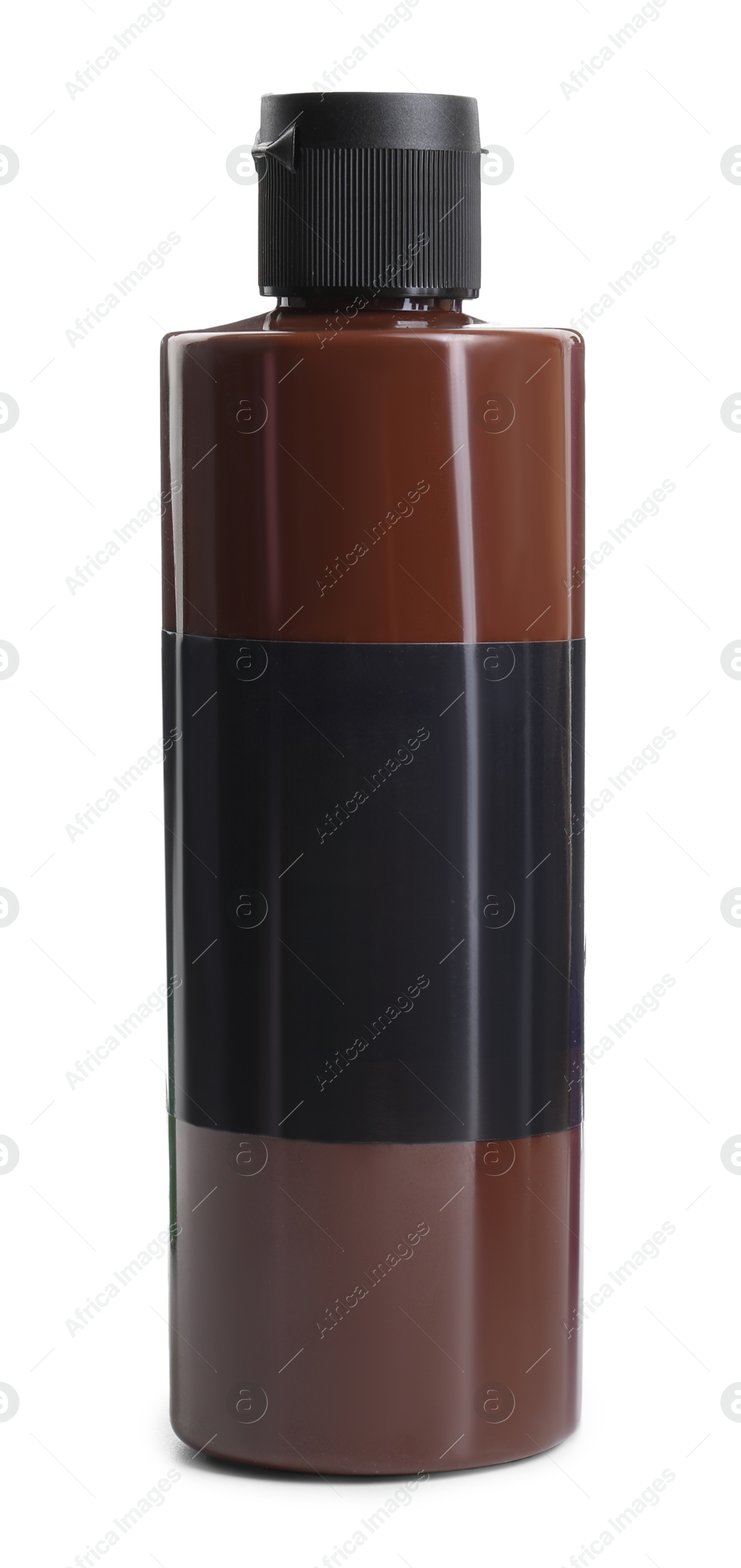 Photo of Brown acrylic paint in bottle isolated on white