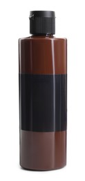 Photo of Brown acrylic paint in bottle isolated on white