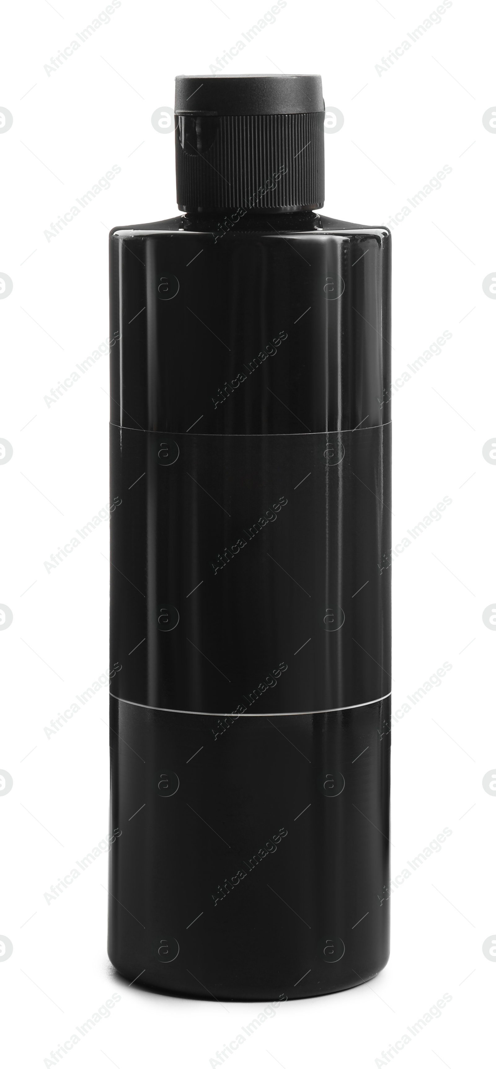 Photo of Black acrylic paint in bottle isolated on white