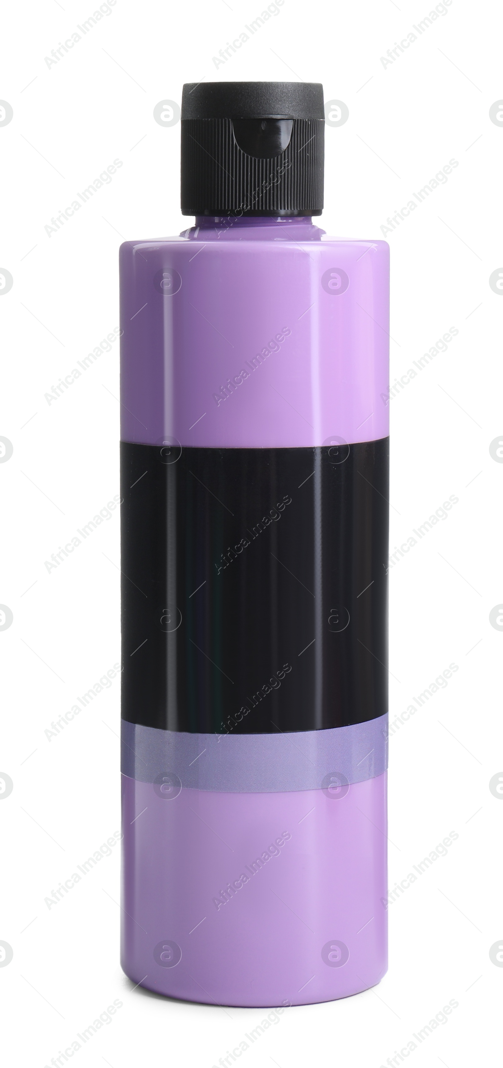 Photo of Purple acrylic paint in bottle isolated on white