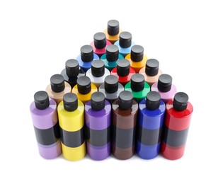 Photo of Acrylic paints of different colors in bottles isolated on white, above view