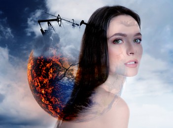 Image of Double exposure with beautiful woman and conceptual photo depicting Earth destroyed by global warming and industrial pollution