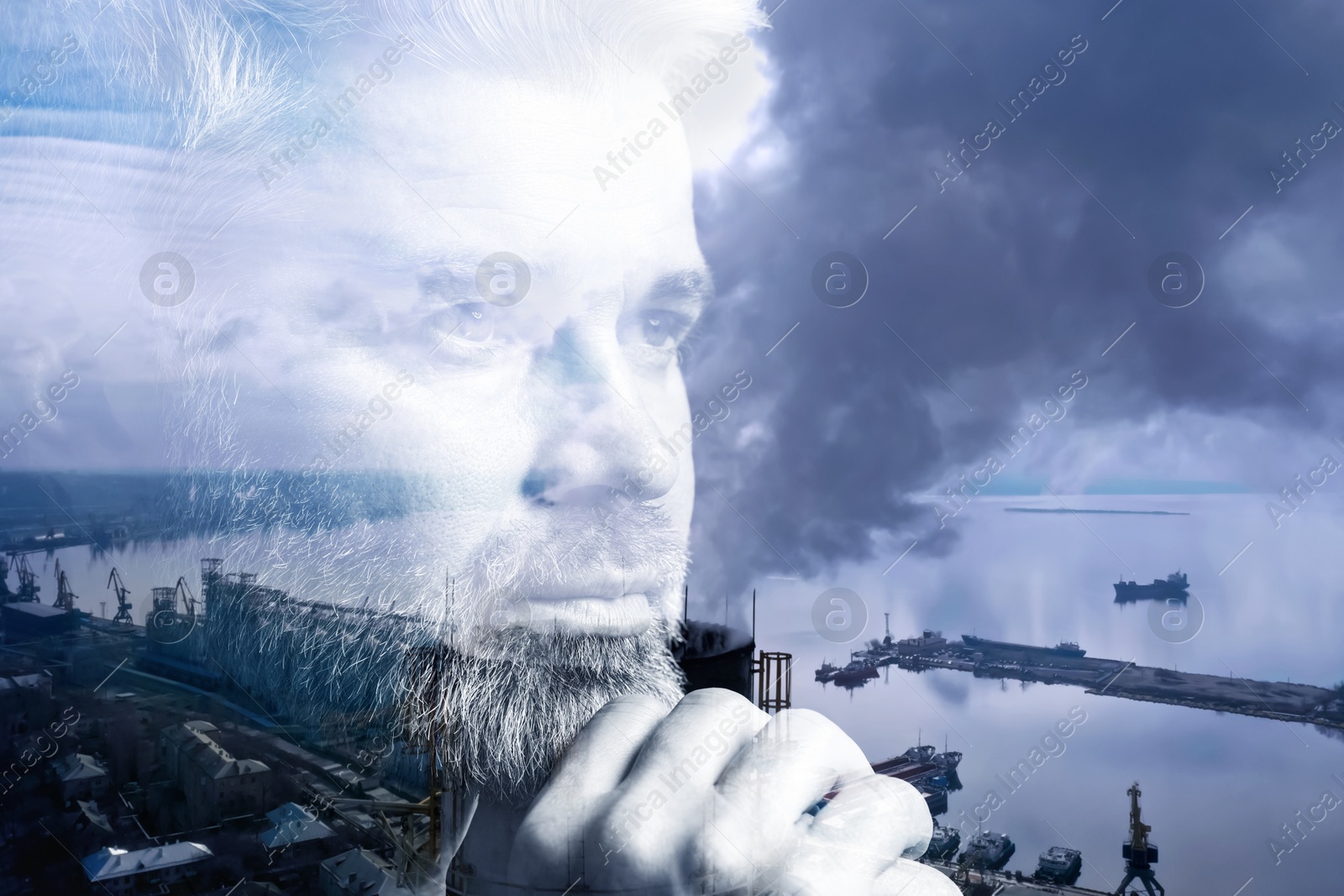 Image of Double exposure of pensive man and aerial view of industrial factory. Environmental pollution