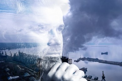 Image of Double exposure of pensive man and aerial view of industrial factory. Environmental pollution