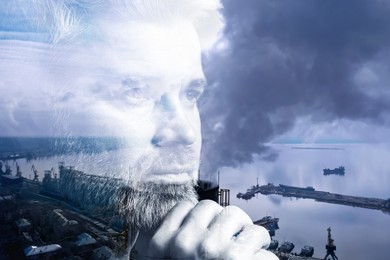 Double exposure of pensive man and aerial view of industrial factory. Environmental pollution