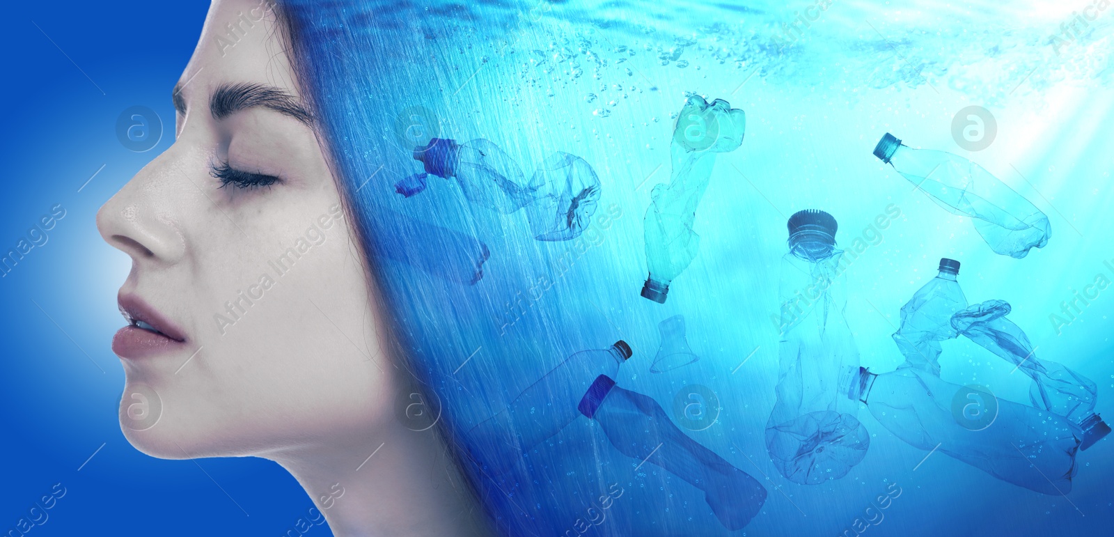 Image of Double exposure of beautiful woman and ocean with plastic garbage, banner design. Environmental pollution