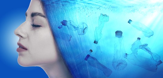 Image of Double exposure of beautiful woman and ocean with plastic garbage, banner design. Environmental pollution