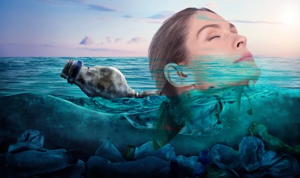 Double exposure of beautiful woman and ocean with plastic garbage, banner design. Environmental pollution