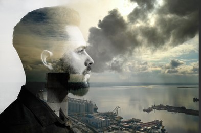 Image of Double exposure of pensive man and aerial view of industrial factory. Environmental pollution