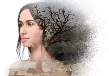 Image of Double exposure of beautiful woman and dried tree in desert. Climate changes