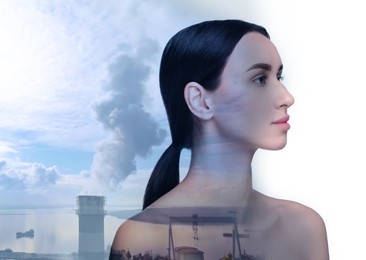 Image of Double exposure of beautiful woman and aerial view of industrial factory. Environmental pollution