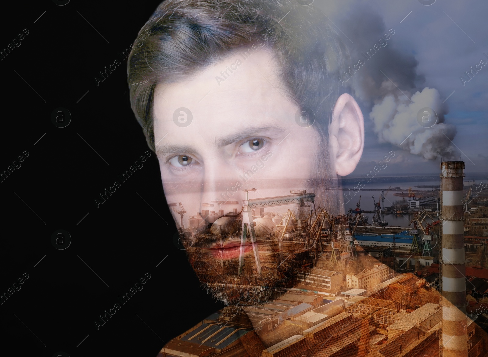 Image of Double exposure of man and aerial view of industrial factory. Environmental pollution