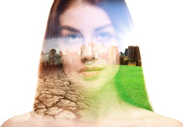 Image of Double exposure with beautiful woman and conceptual photo depicting Earth destroyed by industrial pollution