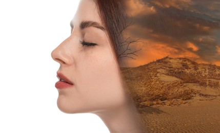 Double exposure of beautiful woman and desert, banner design. Climate changes