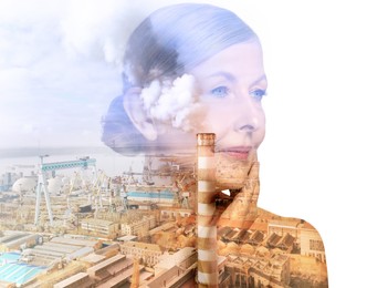 Double exposure of mature man and aerial view of industrial factory. Environmental pollution