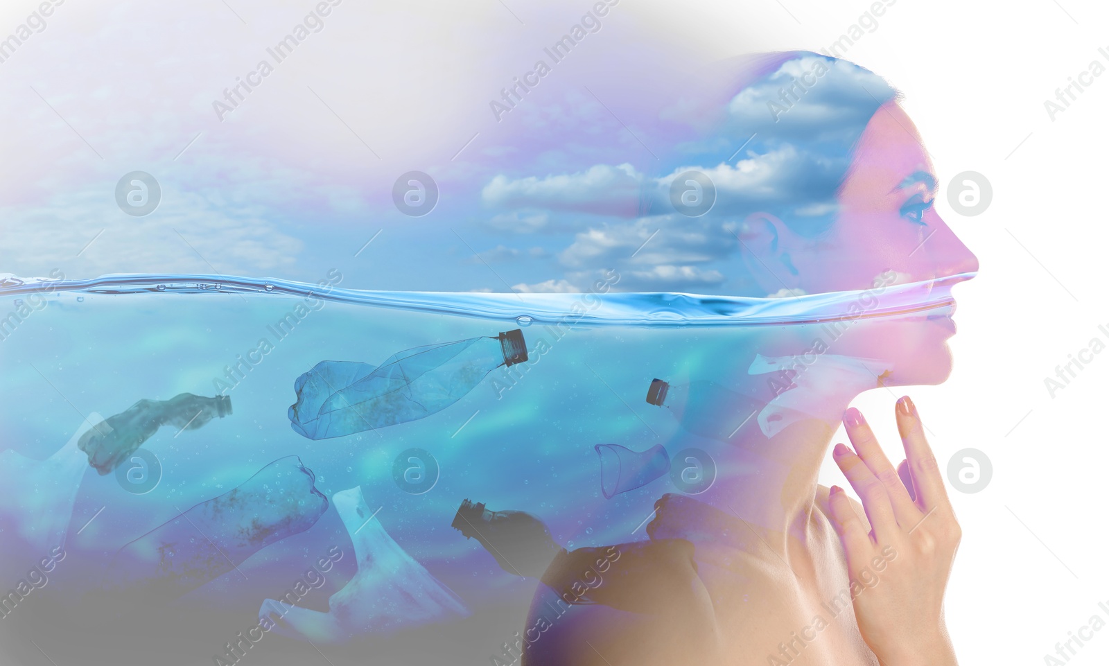 Image of Double exposure of beautiful woman and ocean with plastic garbage, banner design. Environmental pollution