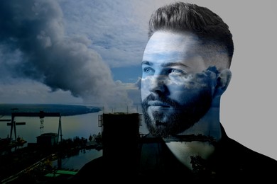 Double exposure of pensive man and aerial view of industrial factory. Environmental pollution