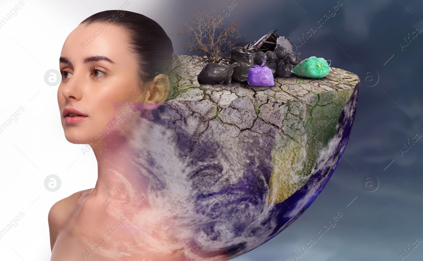 Image of Double exposure with beautiful woman and conceptual photo depicting Earth destroyed by plastic garbage. Environmental pollution