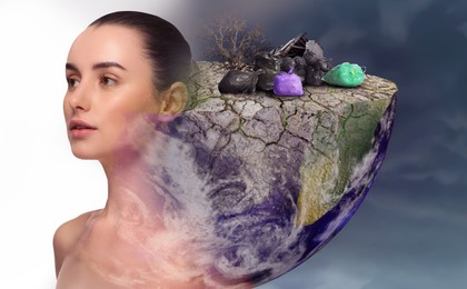 Image of Double exposure with beautiful woman and conceptual photo depicting Earth destroyed by plastic garbage. Environmental pollution