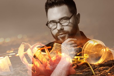 Image of Double exposure of pensive man and sandy beach with plastic garbage. Environmental pollution