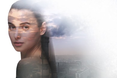 Double exposure of beautiful woman and aerial view of industrial factory. Environmental pollution