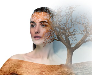 Double exposure of beautiful woman and dried tree in desert. Climate changes