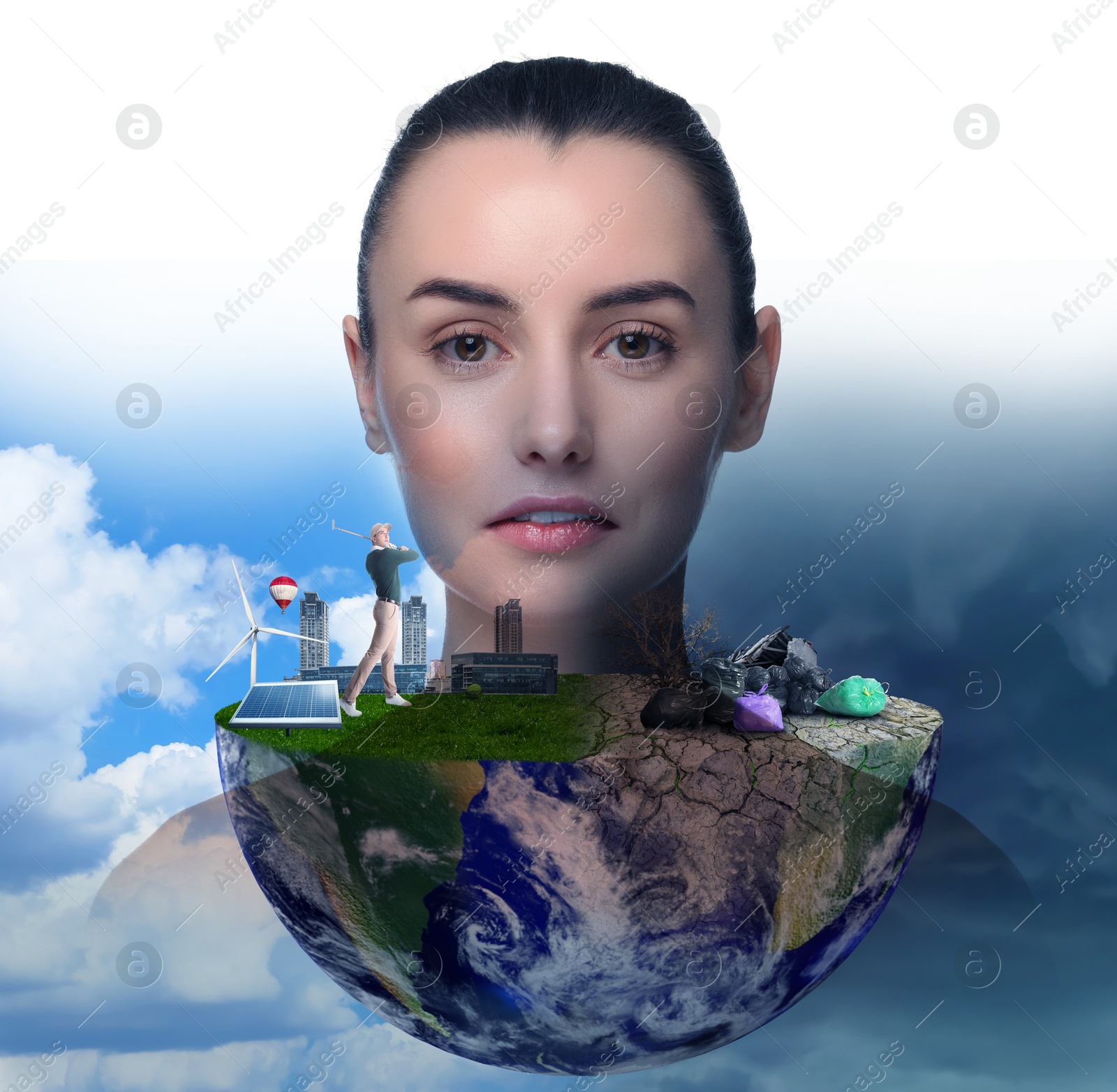 Image of Double exposure with beautiful woman and conceptual photo depicting Earth destroyed by plastic garbage. Environmental pollution