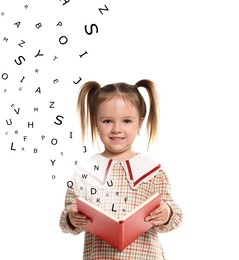 Image of Smiling girl with book on white background. Letters flying out of book