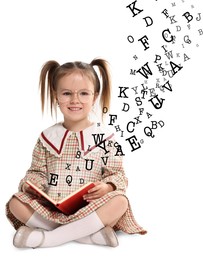 Image of Smiling girl with glasses and book on white background. Letters flying out of book