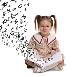 Image of Smiling girl with glasses and book on white background. Letters flying out of book