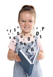 Image of Smiling girl with glasses and book on white background. Letters flying out of book