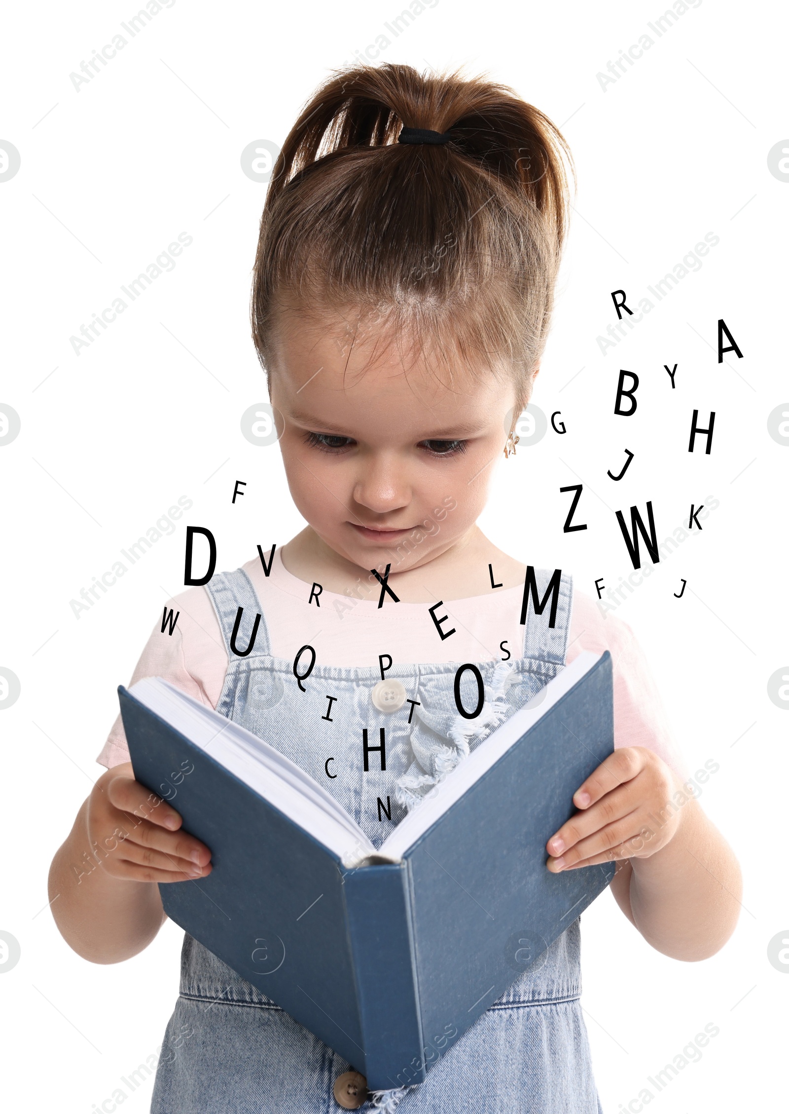 Image of Girl reading book on white background. Letters flying out of book