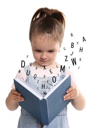 Image of Girl reading book on white background. Letters flying out of book
