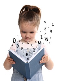 Girl reading book on white background. Letters flying out of book