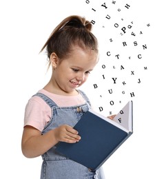 Image of Girl reading book on white background. Letters flying out of book
