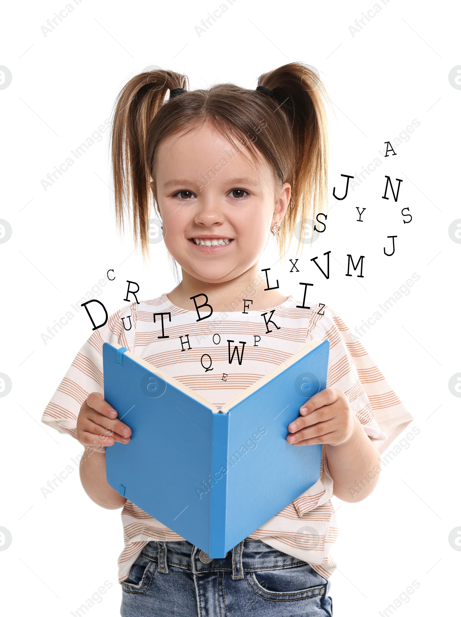 Image of Smiling girl with book on white background. Letters flying out of book