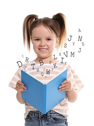 Smiling girl with book on white background. Letters flying out of book