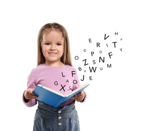 Image of Smiling girl with book on white background. Letters flying out of book