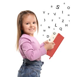 Image of Smiling girl with book on white background. Letters flying out of book