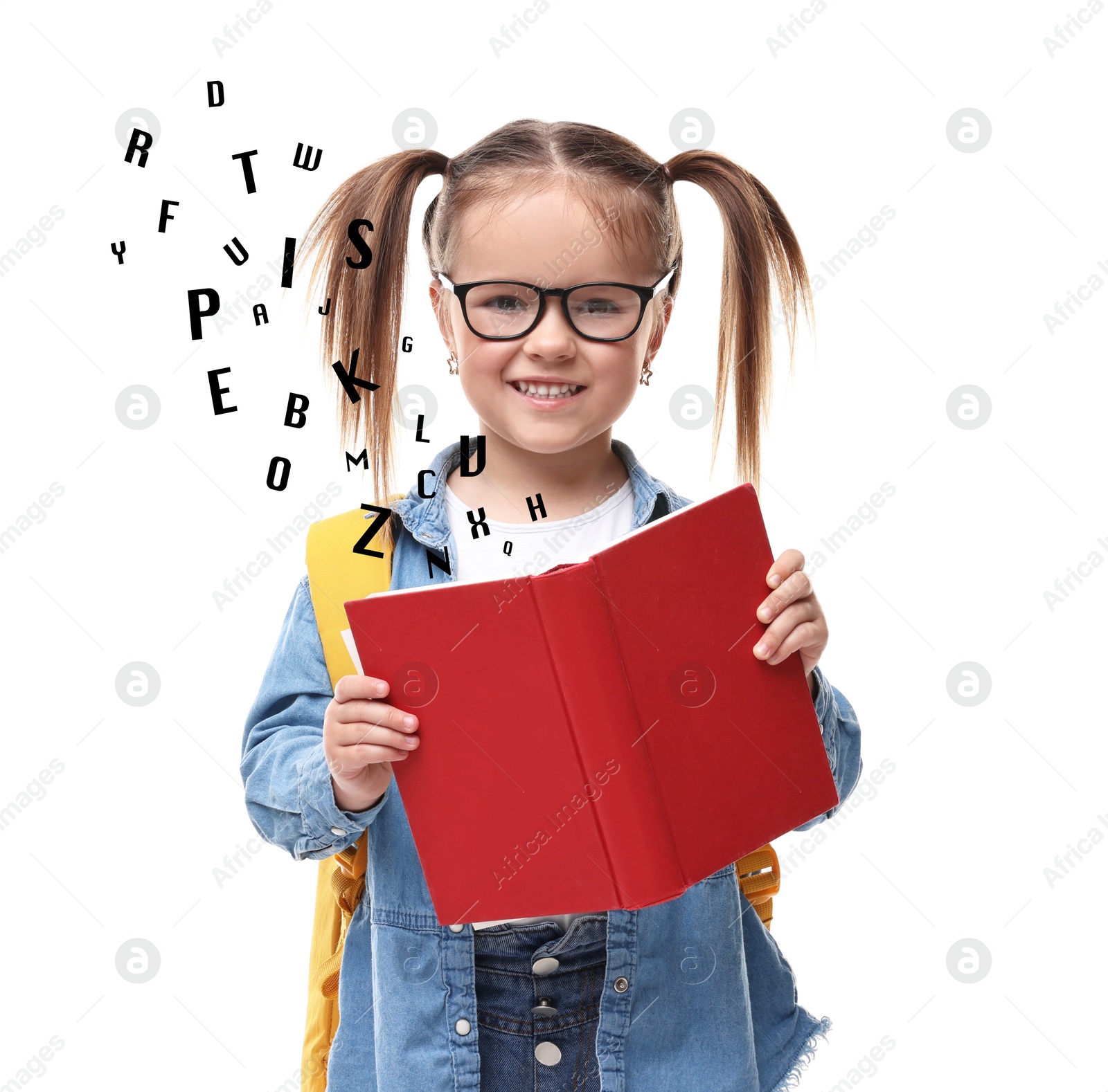 Image of Smiling girl with glasses and book on white background. Letters flying out of book