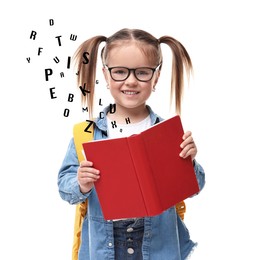 Smiling girl with glasses and book on white background. Letters flying out of book