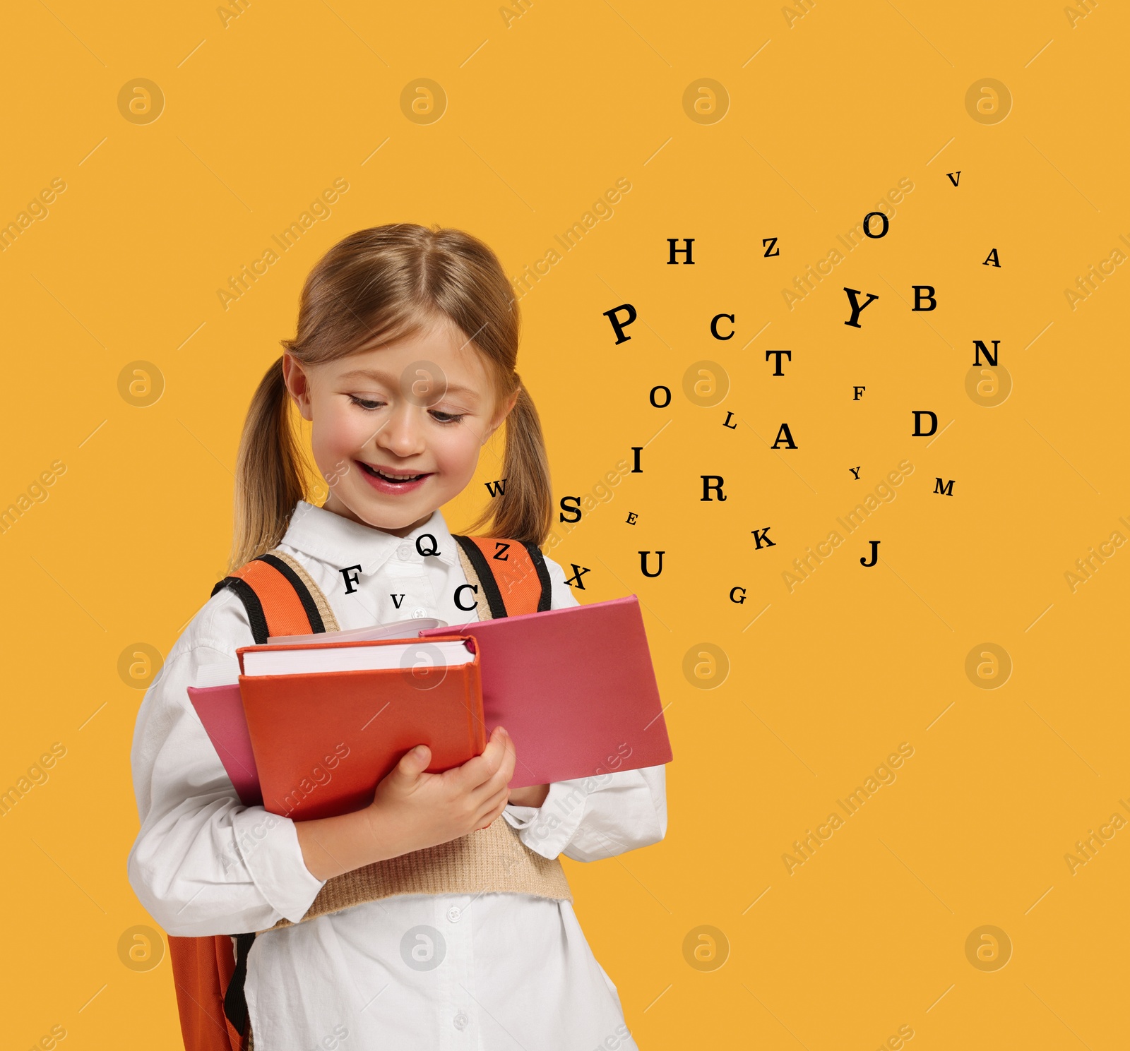 Image of Girl reading book on orange background. Letters flying out of book