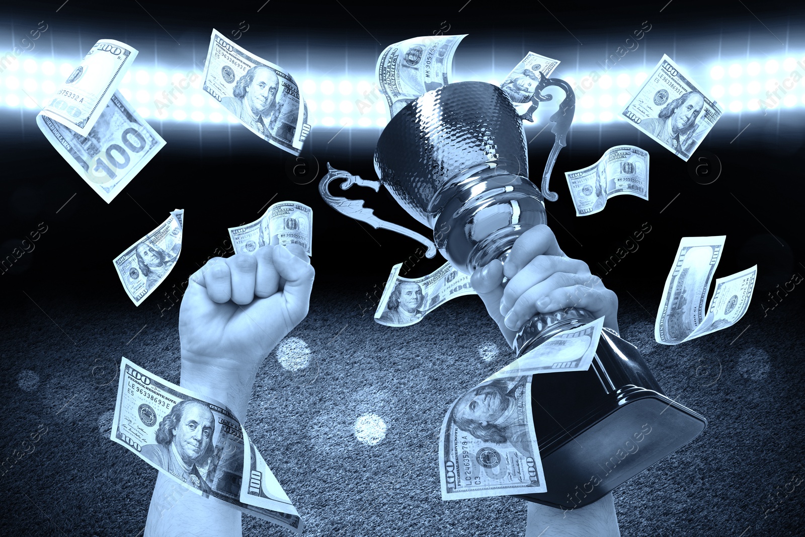 Image of Man holding gold trophy cup in money rain at stadium, closeup. Color toned