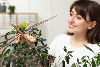 Woman feeding bright parrot with bird treat indoors. Exotic pet