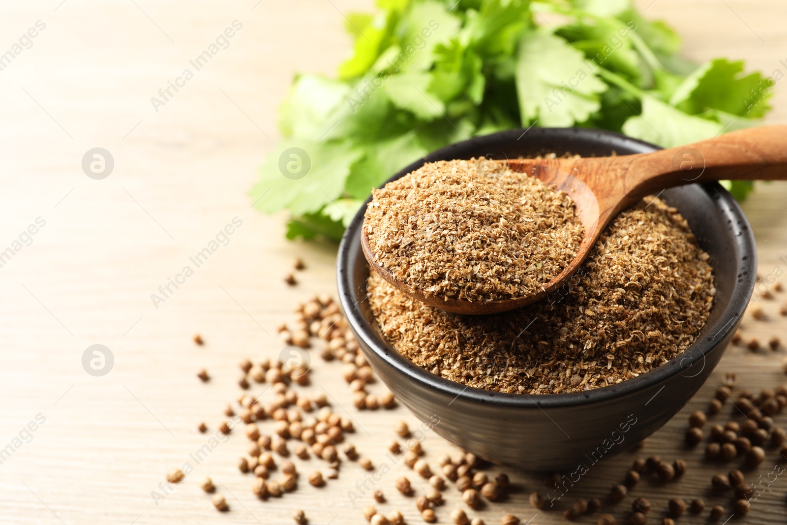 Photo of Coriander powder in bowl, spoon, seeds and green leaves on wooden table, space for text